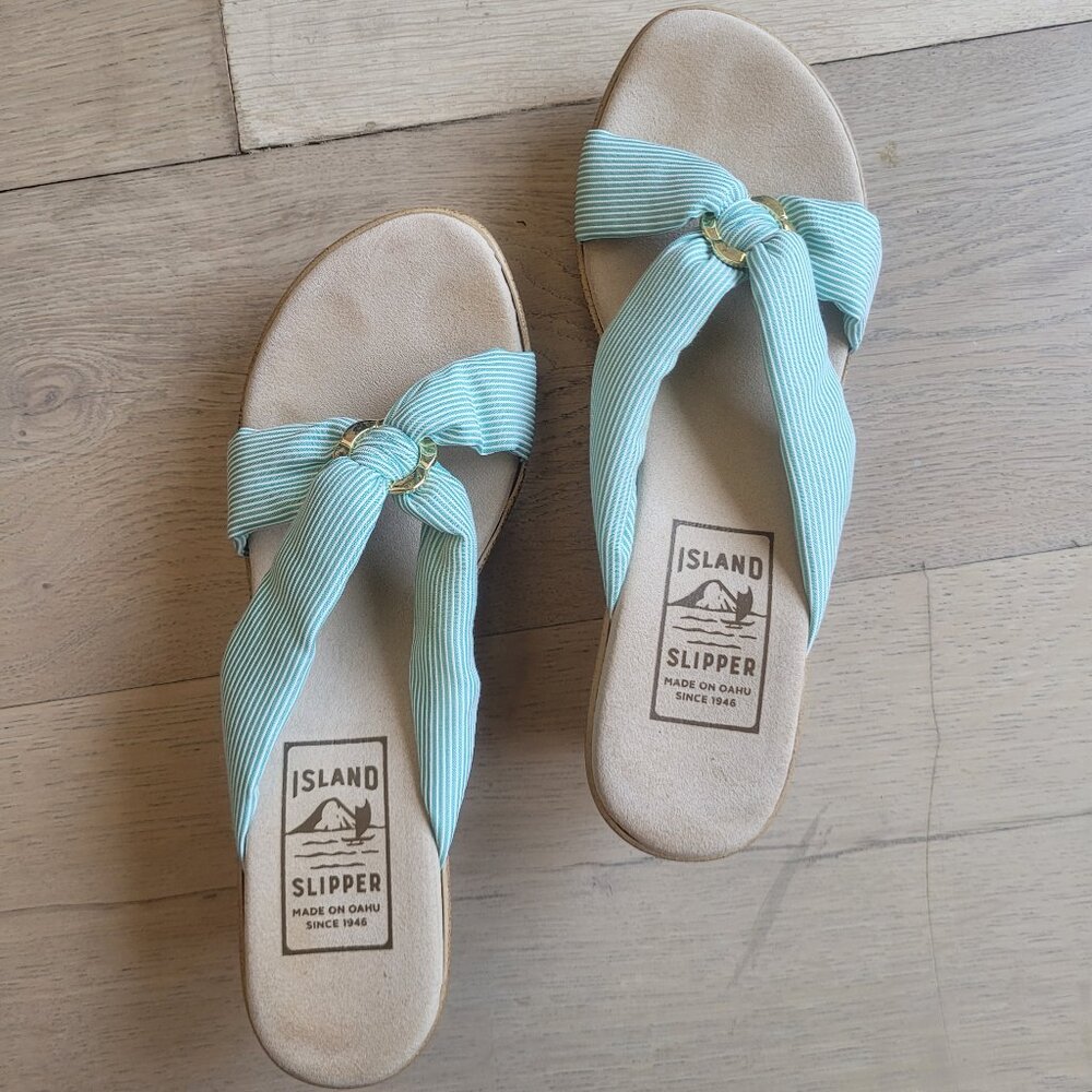 EUC Island Slipper US 9 Suede Footbed Gold Band Mint Stripe Wedges Made in Oahu